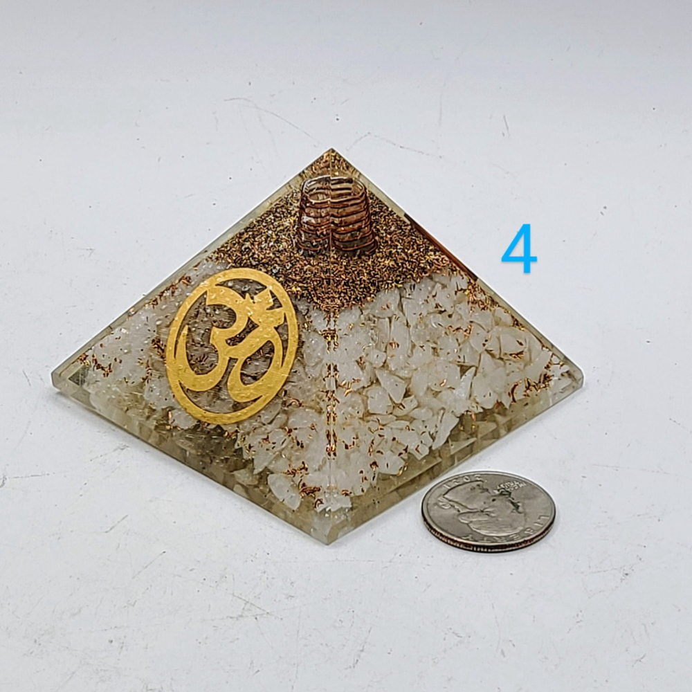 Quartz Orgonite Pyramid with Golden OM Symbol Meditation Yoga
